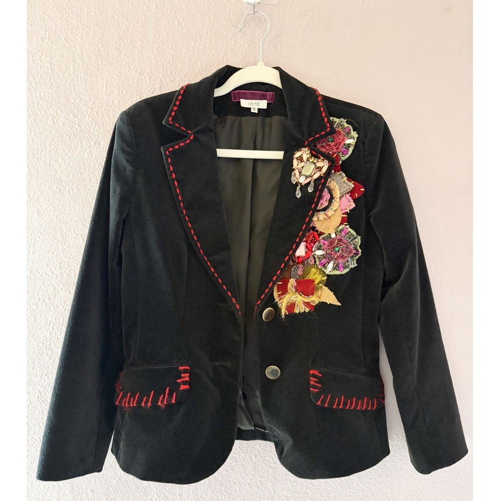 Cache Womens Y2K Black Velvet Embellished Blazer Jacket Red Stitching Floral S